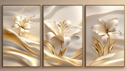 Elegant triptych of gold lilies on silk.