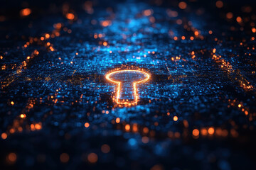 Futuristic cityscape illuminated with a digital keyhole design at night