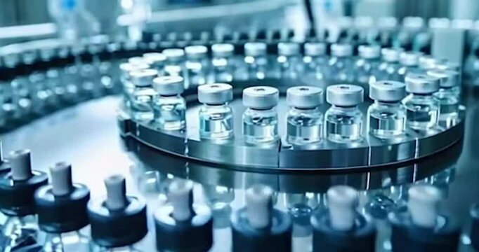 A pharmaceutical company's large-scale production showcases a conveyor belt carrying small, clear bottles filled with medicines and vaccines designed with generative AI