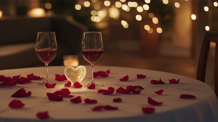Romantic Candlelit Dinner Setup with Wine and Rose Petals