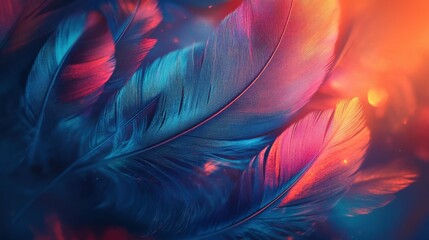 Obraz premium soft feathers in vibrant colors, glowing light accents, tranquil atmosphere, detailed textures, artistic composition, isolated gradient background, ethereal feel