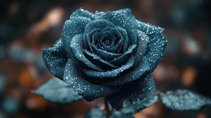 Dew-kissed dark blue rose close-up.