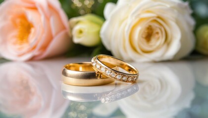 Gold wedding rings, and flowers in bokeh background