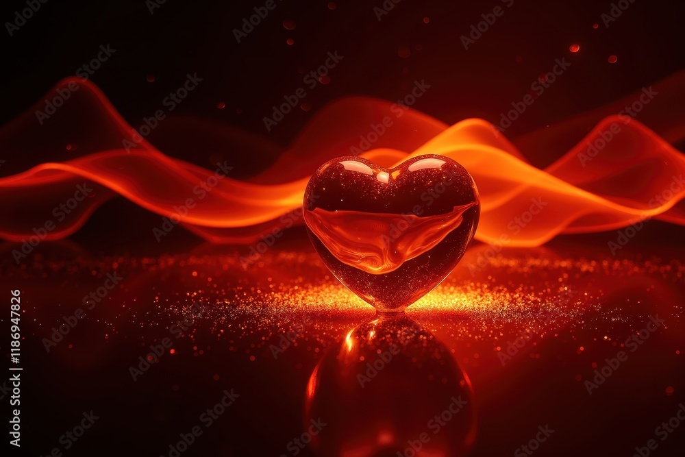 Poster captivating glass heart illuminated by warm firelight with soft wisps of warm colors creating an enc