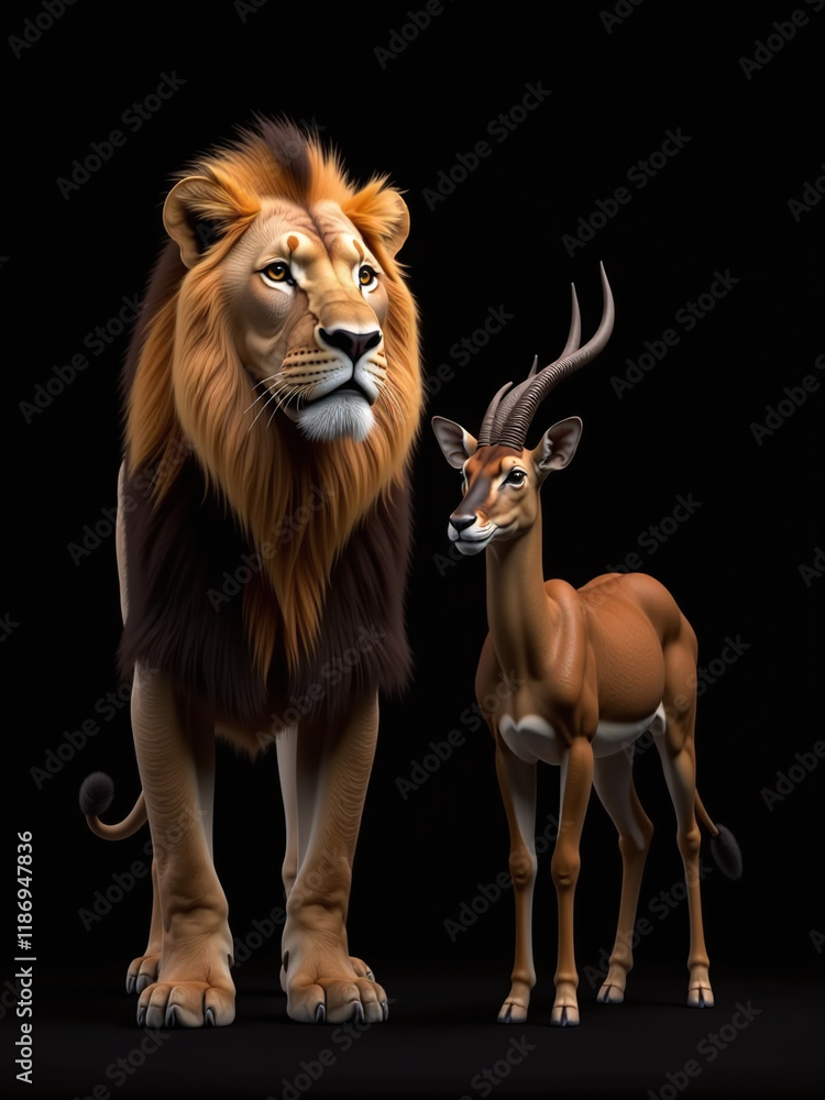Fototapete a lion and antelope are isolated against a black background in this image generated by artificial in