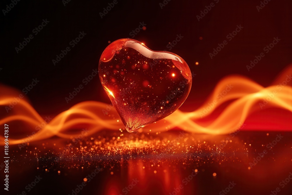 Poster glowing glass heart surrounded by firelight with sparkles and soft waves in a warm orange and red co