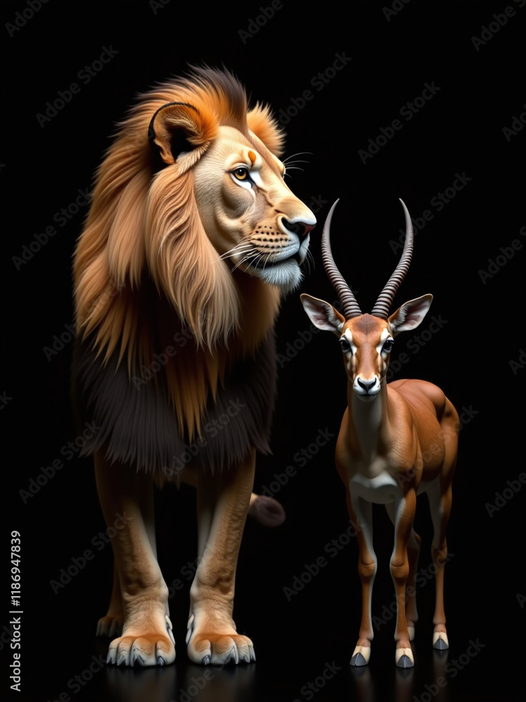 Poster A Lion And Antelope Are Isolated Against A Black Background In This Image Generated By Artificial Intelligence Technology Systems. 00002