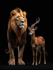Obraz premium A Lion And Antelope Are Isolated Against A Black Background In This Image Generated By Artificial Intelligence Technology Systems. 00001
