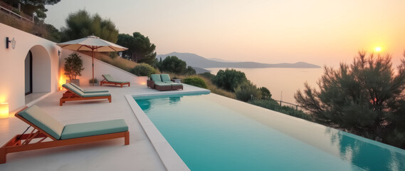 Fototapeta premium sunset view from infinity pool deck with lounge chairs