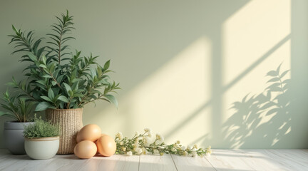 serene springtime arrangement pastel eggs potted plants white flowers.