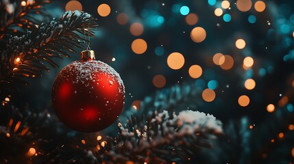 Red bauble ornament decorating a green Christmas tree branch with warm festive lighting effects.