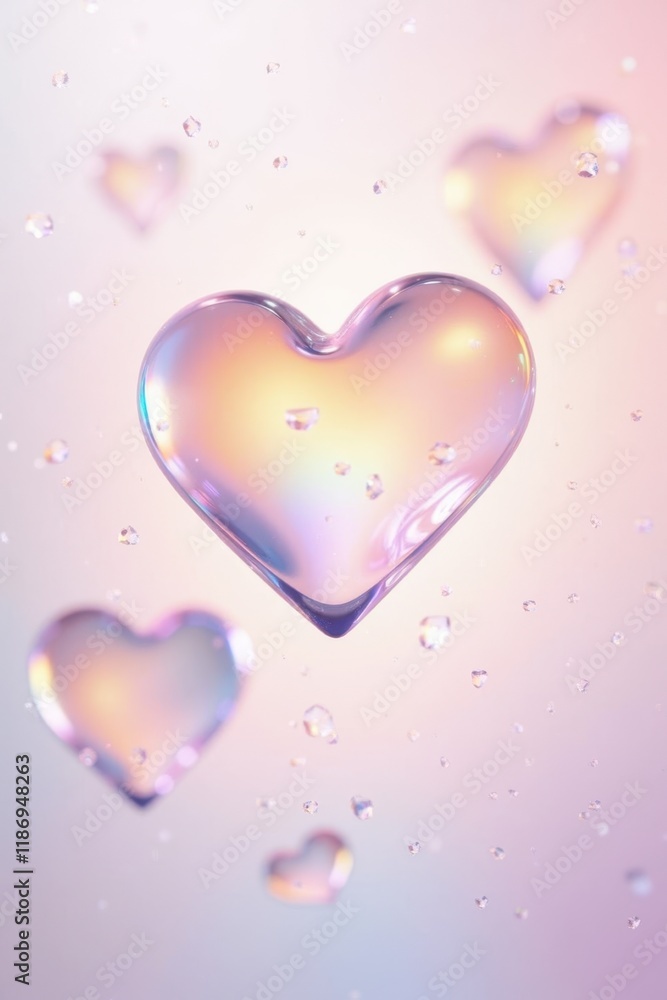 Poster graceful floating hearts with soft rainbow hues and delicate droplets creating an ethereal atmospher