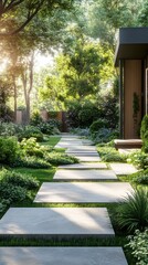 Obraz premium modern urban garden with geometric pathways and lush greenery, sleek and vibrant, focus on harmony and environmental design