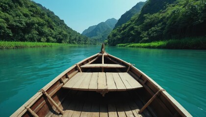 point of view, traditional boat passing through river with blue water with beautiful view