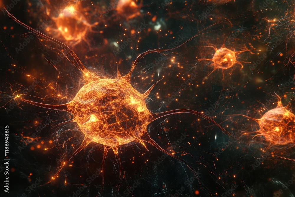 Poster Glowing cancer cells reveal intricate details of cellular structure in a dark environment during laboratory analysis. Generative AI