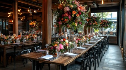 Obraz premium event planner organizing wedding setup, elegant indoor venue, table decor with floral arrangements, meticulous attention to detail, modern and sophisticated event planning