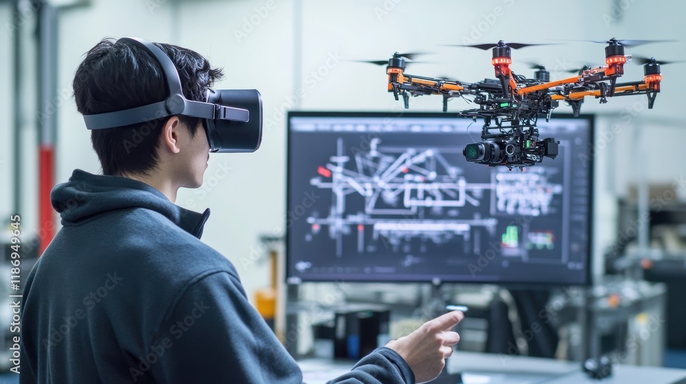 Poster engineer wearing a vr headset controls a drone with a camera inside a factory, pointing his finger a