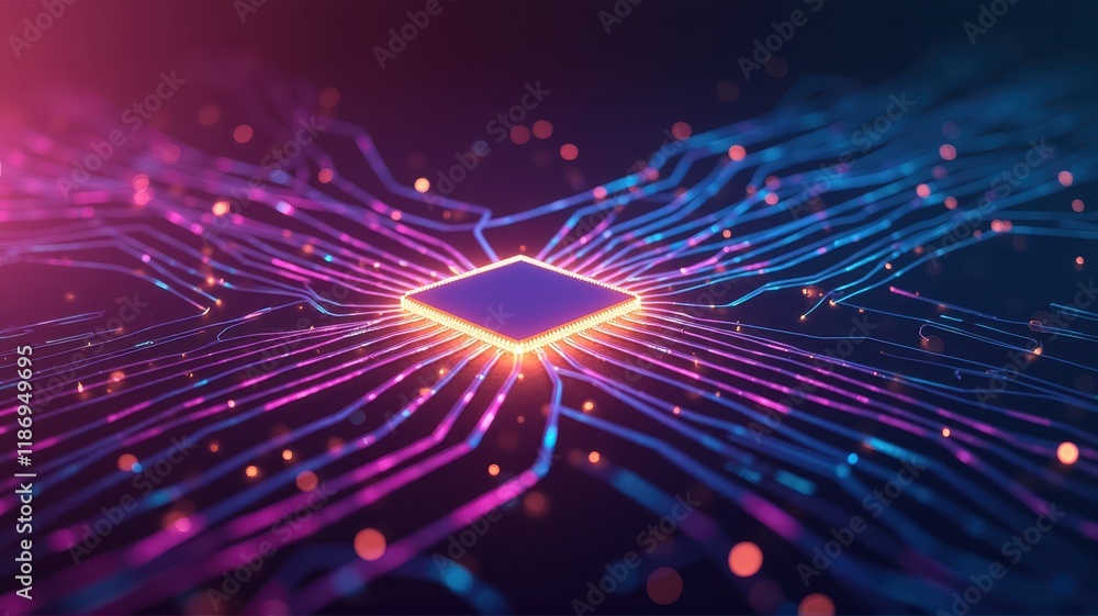 Poster futuristic microchip surrounded by vibrant ai circuitry with glowing connections representing advanc