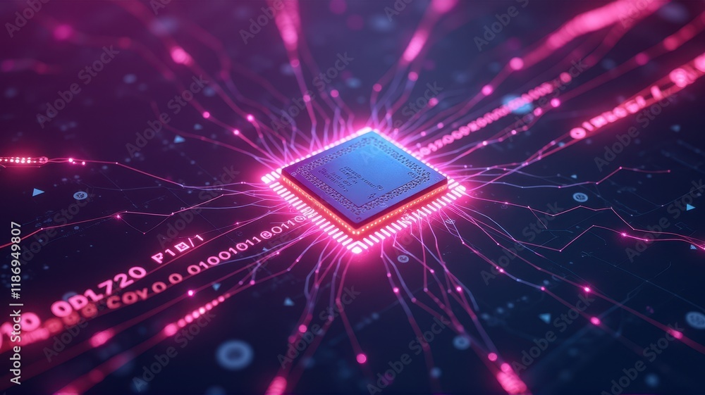 Poster futuristic microchip surrounded by neon connections representing artificial intelligence and data pr