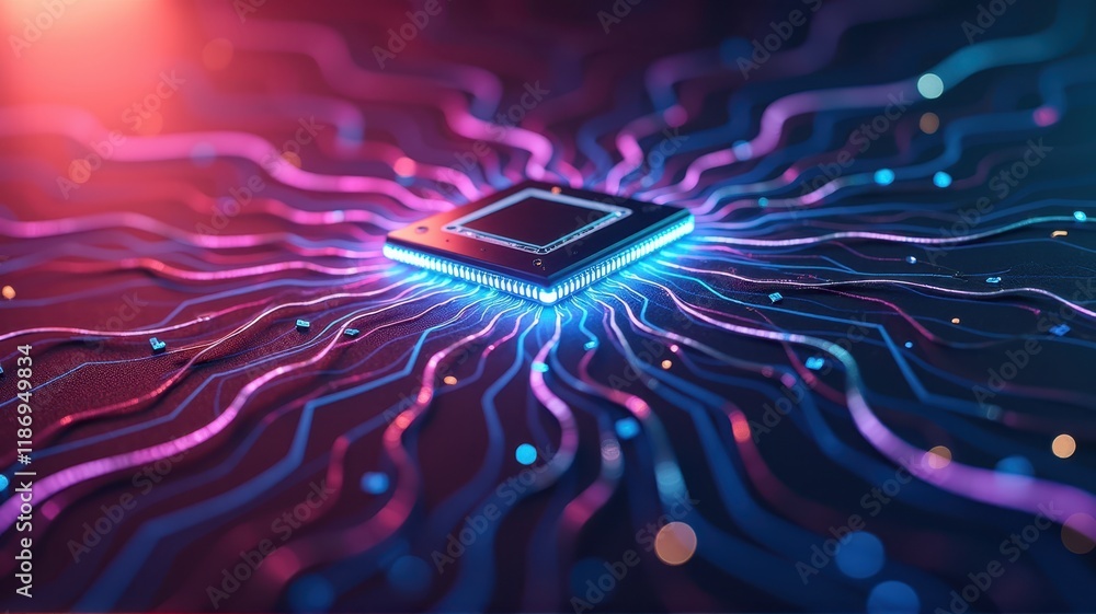 Poster futuristic microchip surrounded by glowing electrical circuits representing advanced ai technology a