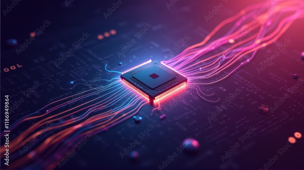 Poster abstract visualization of a microchip surrounded by vibrant ai-inspired electrical currents and circ