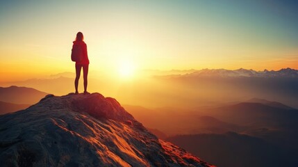 Obraz premium Sunrise Mountaintop Solitude: A Hiker's Golden Hour