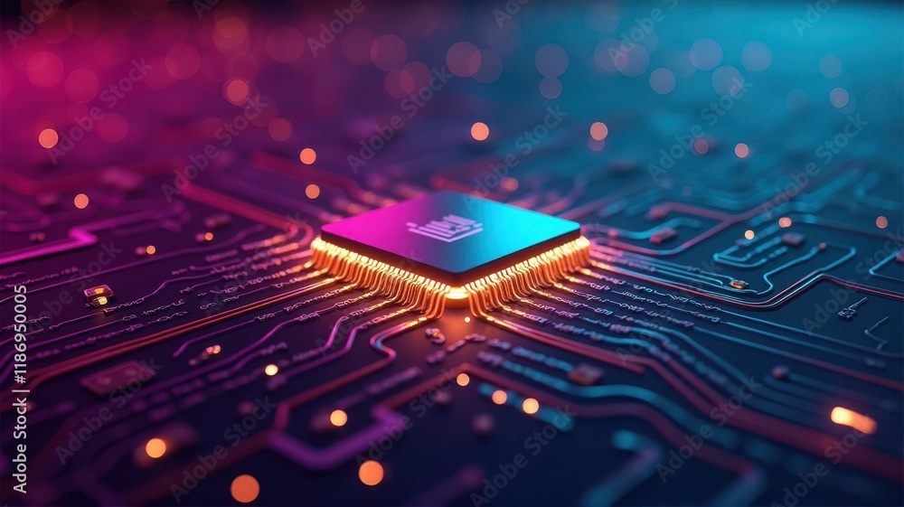 Poster high-tech microchip on circuit board fusing modern ai technology and future innovations illuminated 