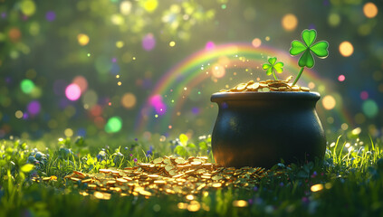 Pot filled with gold coins and rainbow on green background for St. Patrick's Day celebration.