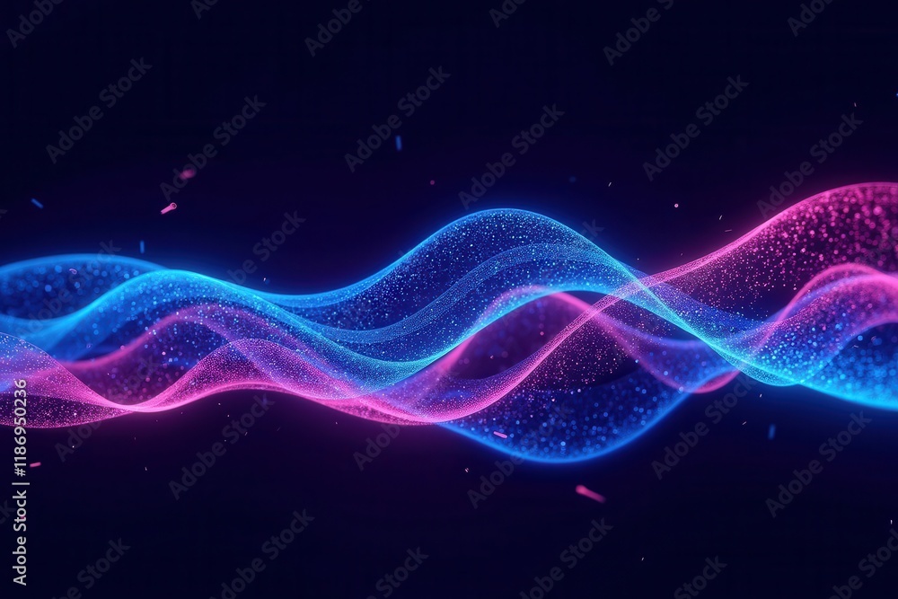 Poster abstract visualization of flowing data streams in vibrant blue and pink colors with sparkling partic