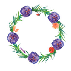 Stunning watercolor floral wreath featuring purple hibiscus, orange blossoms, and lush green leaves. Ideal for invitations, greeting cards, seasonal decor, and creative designs.