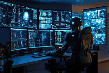 Futuristic robot working at a high-tech control center surrounded by multiple screens displaying data and analysis