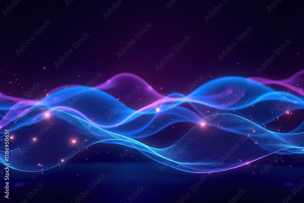 Poster colorful abstract flowing data streams with light effects in purple and blue tones on dark backgroun