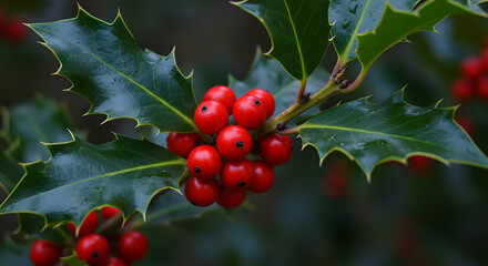 Holly twig featuring red berries.