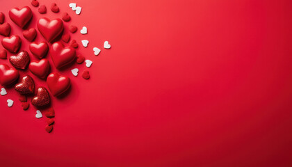 Valentine's day romantic background with Red hearts on red background, copy space