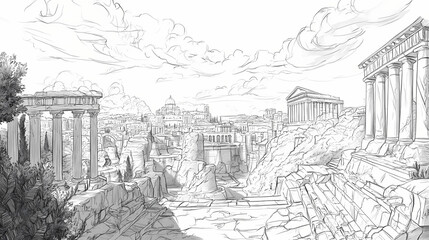 Line art illustration of a pencil sketch depicting a scenic landscape featuring a notable architectural landmark. Nightblaze. Illustration