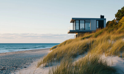 A single cabin with sere beach in background