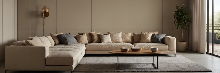 Empty beige sofa with a single cushion in a modern living room setting
