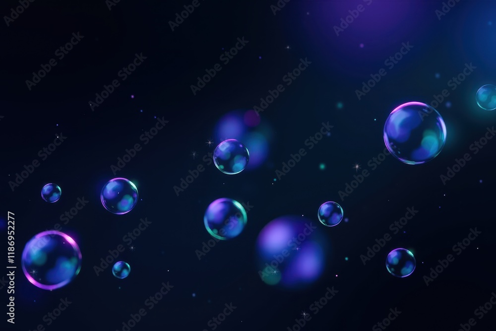 Poster colorful digital bubbles floating against a dark background capturing a dreamlike and ethereal atmos