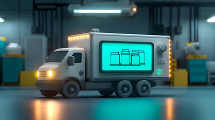 Fototapeta premium futuristic 3D illustration of advanced cargo truck with glowing display, showcasing modern design in high tech environment. scene conveys innovation and efficiency
