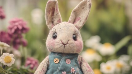 Obraz premium A handmade fabric bunny sits amongst blooming flowers