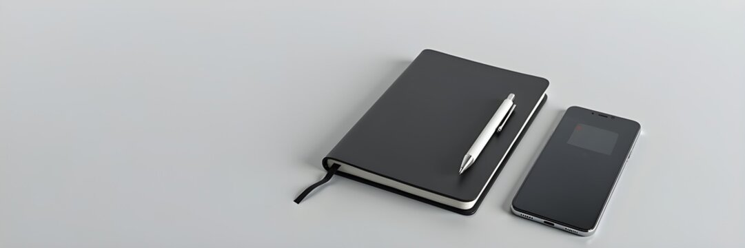 Minimalist desk setup with a sleek black notebook, a white pen, and a smartphone