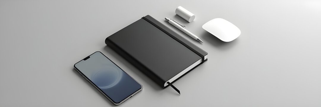 Minimalist desk setup with a sleek black notebook, a white pen, and a smartphone