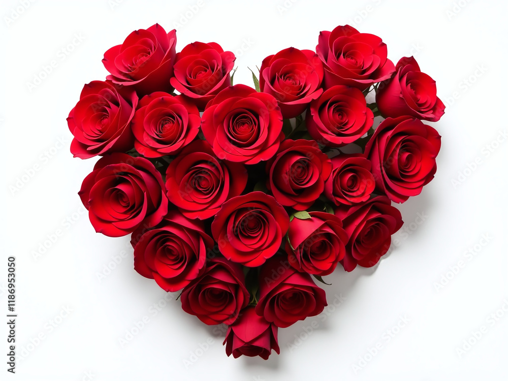 Poster a heart made entirely out of red roses is isolated against a clean white background in a simple yet 