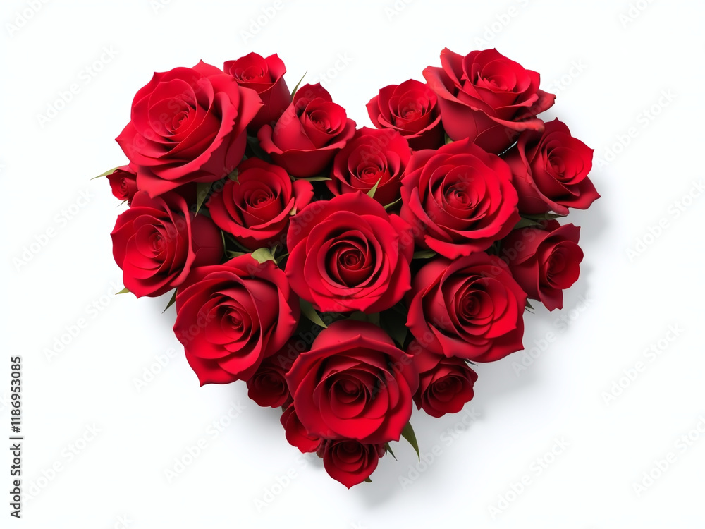 Poster a heart made entirely out of red roses is isolated against a clean white background in a simple yet 