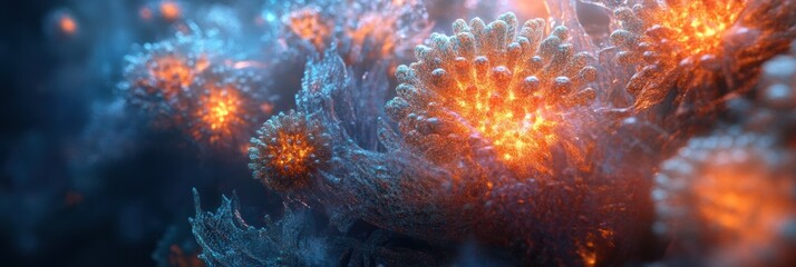 Fototapeta premium Cancer cells with glowing edges showcase cellular structures in vibrant detail under microscopic conditions. Generative AI