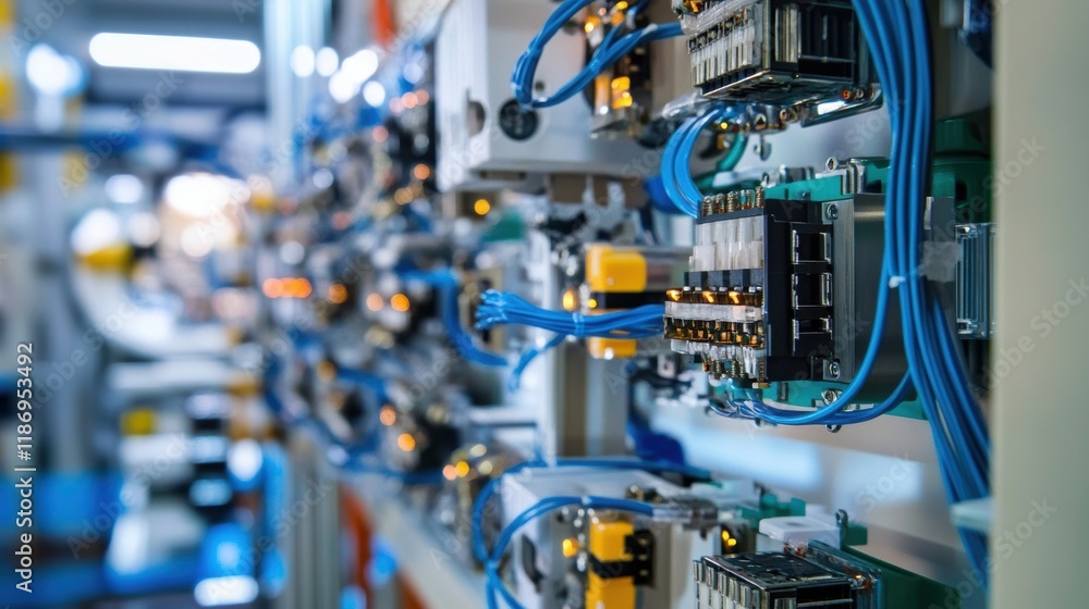 Poster close up of an electrical cabinet displaying intricate wiring and components, highlighting the compl