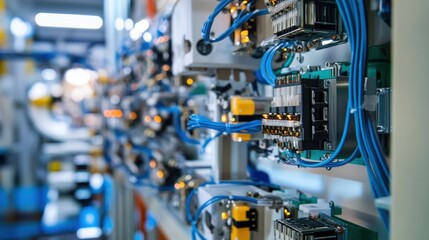 Close up of an electrical cabinet displaying intricate wiring and components, highlighting the complexity of modern manufacturing processes and advanced technology in an industrial setting