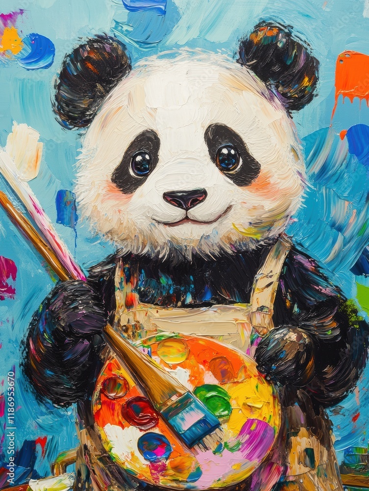 Poster cute panda joyfully painting with a bright palette and brush in a colorful artistic setting. generat