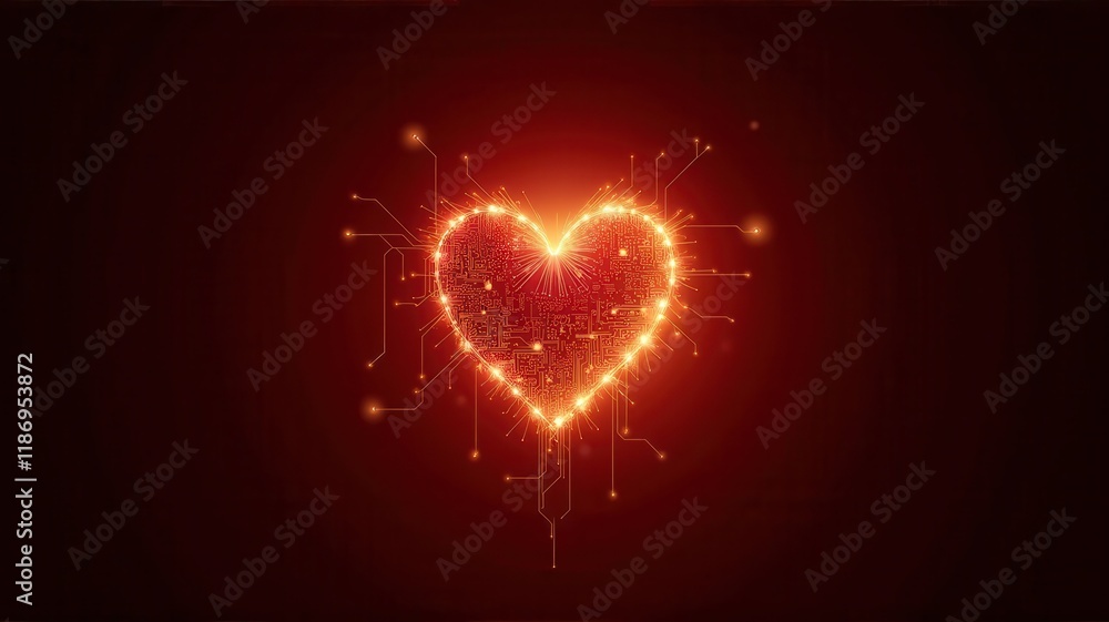 Poster abstract heart shape with circuit pattern in bright red color symbolizing technology and love, perfe