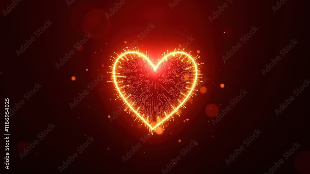 Poster bright and vibrant heart shape created with sparkling circuit patterns and radiating light effects o